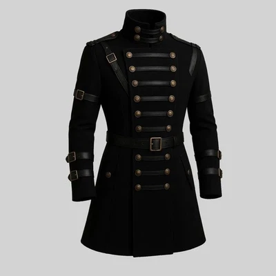 Men’s Gothic Steampunk Military Coat Black Cotton Trench Jacket Officer Uniform - Image 1 of 4