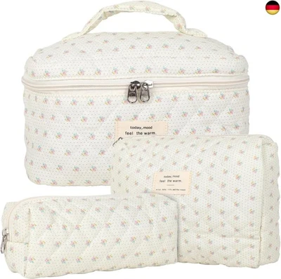 MARKE KOMABLEN 3pcs Reise Kosmetiktasche Set Damen, Baumwolle Kulturbeutel Set Damen Gesteppte
