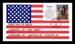 DR JIM STAMPS US COVER SACAGAWEA LEGENDS OF THE WEST FDC ALL OVER FLAG - Picture 1 of 2