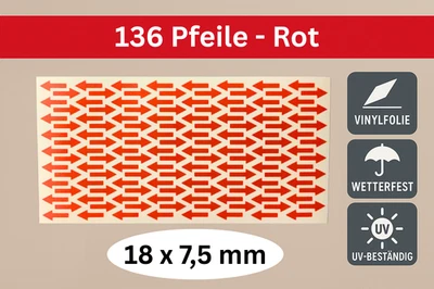 136x Pfeil Aufkleber Rot Vinyl 18x7,5mm Markierung Sticker Lager DIY wetterfest - Bild 1 von 2