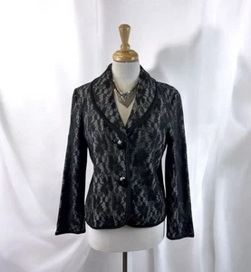 Black Gray Lace Wool Blend Jacket Blazer Goth Formal Business Classic 90s Medium - Picture 1 of 4