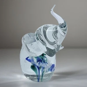 Clear Blown Glass Elephant Figurine Blue Green Floral Paperweight 4"h - Picture 1 of 5