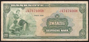 GERMANY FEDERAL REPUBLIC  20 Deutsche Mark  1948  P:6a  VF - Picture 1 of 2