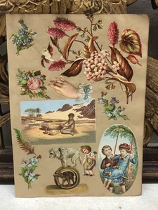 Viktorianisches Blatt mit vielen gestanzten Fetzen Blumen Mädchen Wüstenhunde - L6 - Bild 1 von 7