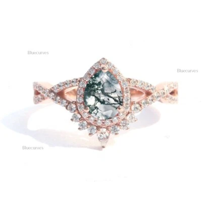 Alianza con halo de diamantes naturales y ágata de musgo genuino en oro rosa sólido de 14 k Foto 1 de 3