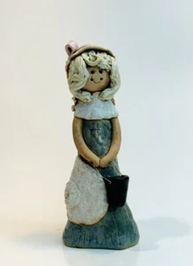 Stoneware Art Studio Pottery Handmade Signed Girl Holding Pail Statue 4” Figure - Picture 1 of 8