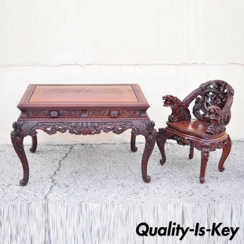 Antique Japanese Art Nouveau Dragon Carved 4 Drawer Partners Desk and Chair Cover