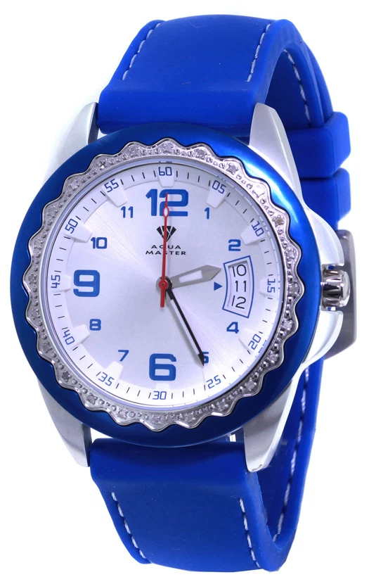 Reloj Aqua Master para mujer con caja de aluminio esfera plateada correa de goma azul #334 Foto 1 de 1