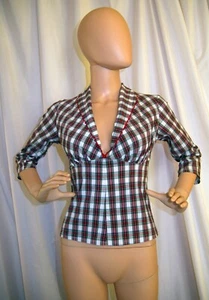 Blusa bianca e rossa a quadri scollo a V taglia small ric rac orlo manica 3/4 - Foto 1 di 14