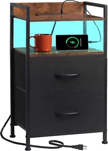 Black Nightstand with Charging Station and LED Light for Bedroom, 2 Drawers Dres - Picture 1 of 7