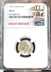 1945 GREAT BRITAIN SILVER 6 PENCE GEORGE VI NGC MS 63 GREAT LOOKING WWII ERA - Picture 1 of 3