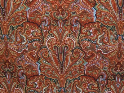 Scalamandre, Savannah Paisley, impresión a mano, de colección, 54" W X 45" L, rojo/oliva/azul  Foto 1 de 3