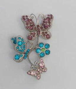 Butterflies & Flower Brooch Pin Pink & Blue Rhinestone Silver Tone Spring Casual - Picture 1 of 5