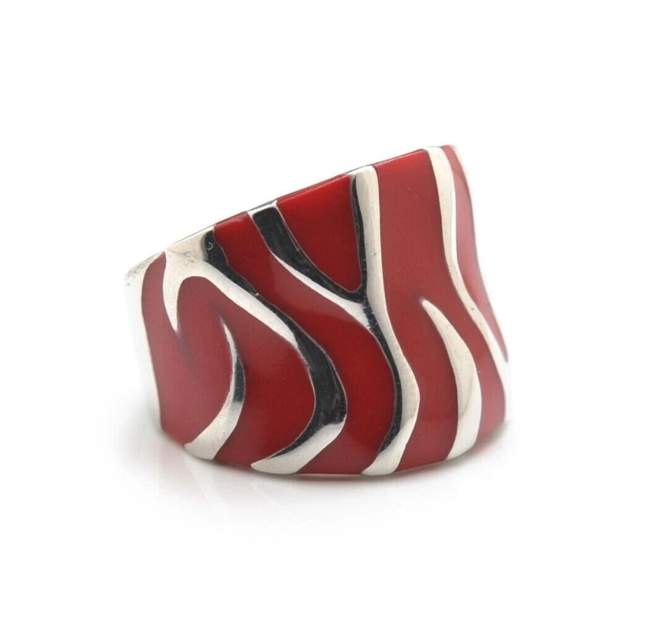 316L Stainless Steel Red Enamel Zebra Stripes Cigar Band Ring - Image 1 of 1