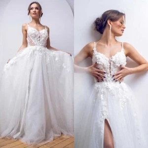 Spaghetti Strap Wedding Dresses Layered Sleeveless Applique Lace A Line Split - Picture 1 of 20
