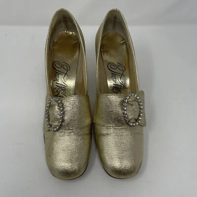 Zapatos de tacón bajo Thom McAn dorados con hebilla de estrás talla 7 años 70 vintage Foto 1 de 4