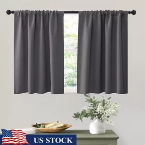 Gray Short Curtains Privacy Drapes Bedroom Bathroom Kitchen Energy Saving Set 2 - Picture 1 of 10