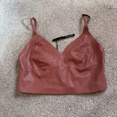 NUEVO CON ETIQUETAS LOVE TREE Top Corto Marrón Vegano Imitación Cuero Suave Talla L Foto 1 de 4