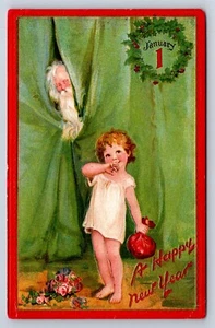 Postal Feliz Año Nuevo Padre Tiempo Bebé Año Nuevo Bolsa de Dinero Brundage c1910s T26 - Imagen 1 de 3