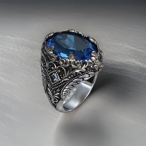 Real 925 Sterling Silver Jewelry Aquamarine  Men's Ring Size 7-15 - Picture 1 of 3