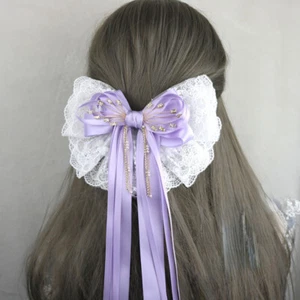 Lace Lolita Women Hairpin Hair Clips Accessory Princess Bow Rhinestone Crystal - Picture 1 of 22