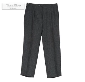 Men's Tailored Gray Herringbone Flat Front 100% Winter Wool Heavy Dress Pants 34 - Picture 1 of 6