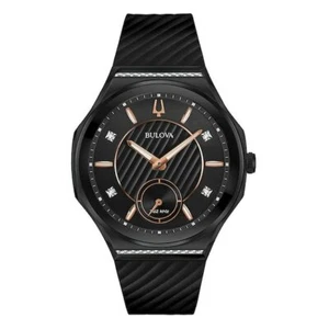 NEW BULOVA CURV BLACK PVD CASE BLACK RUBBER WITH DIAMOND DIAL 98R240 - Picture 1 of 1