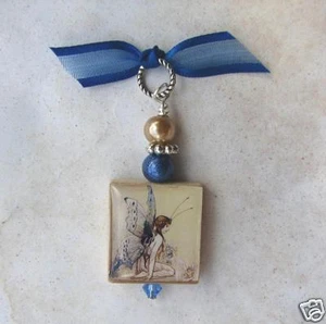 Pretty Fairy Pendant Charm VTG Altered Art Image Blue Wings Victorian Fantasy   - Bild 1 von 1