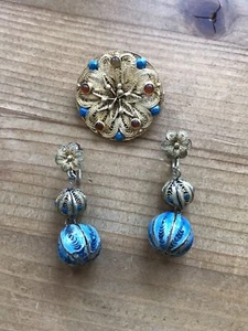 Art Deco chinesische Export vergoldete Silber Karneol Emaille Brosche & Emaille Ohrringe - Bild 1 von 9
