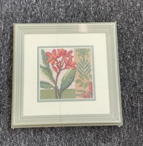 FRAMED COMPLETED CROSS STITCH: TROPICAL FLORAL: 24 x 24cm - Picture 1 of 1