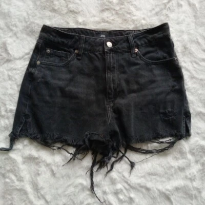 River Island Dark Wash Denim Black Jean Cut Off Short Distressed Shorts Size S/M - Image 1 of 4