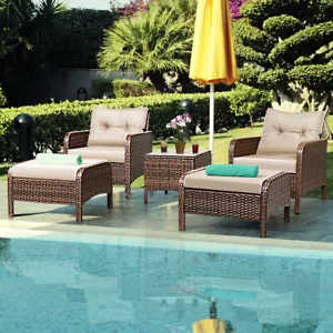 5 PCS Rattan Wicker Furniture Set Sofa Ottoman W/ Cushions Patio Garden Yard NEW - Picture 1 of 12
