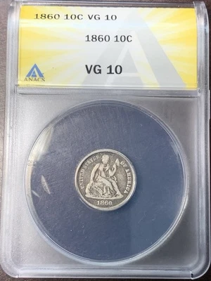 1860 10c Seated Liberty Dime ANACS VG10 - Image 1 of 4