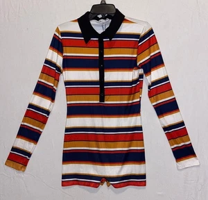 Fashion Nova gestreifter Langarm Kragen braun gestreift V-Ausschnitt Strampler Gr. L - Bild 1 von 9