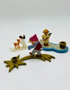 Vintage Erzgebirge Holz Kerzenständer(2) Weihnachten Kunststoff Engel Hirsch 2" Deutsch - Bild 1 von 7