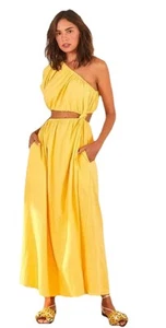 FARM RIO Yellow Linen One Shoulder Open Waist Midi Dress Size Small S - Picture 1 of 10