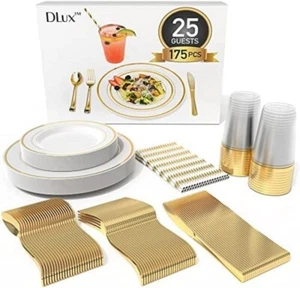 175 Pcs Party Plates Gold Plates, Silverware Gold Rimmed Wedding Birthday Dlux - Picture 1 of 7