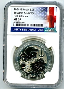 2024 GREAT BRITAIN 1OZ SILVER NGC MS69 BRITANNIA & LIBERTY FR - HEAVY WHITE HAZE - Picture 1 of 2