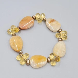 Carved Agate Stone Bead Bracelet Faceted Quartz Teardrop Elastic - Picture 1 of 11