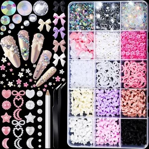 Nail Art Kit, Charms & Gems for Nails, Rhinestones, Bow, Flower & Pearls Charms - Picture 1 of 7