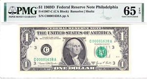 1969-D $1 FRN Philadelphia PMG 65EPQ fantasia serie BASSA 4 CIFRE #C00001638A - Foto 1 di 2