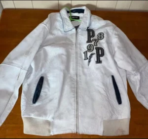 VTG Marc Buchanan PELLE PELLE Studded White Navy Blue Sz 52 Leather Jacket 90s - Picture 1 of 12