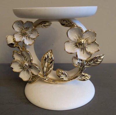 WHITE & GOLD Pedestal Flower Ring 3-Wick CANDLE HOLDER Bath and Body Works BBW - Image 1 of 4