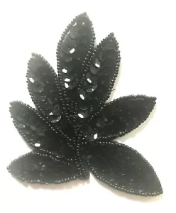 Lot of 2 Black Leaf Leaves Beaded Sequined Sew-On Applique Craft Patch Vintage - Picture 1 of 2