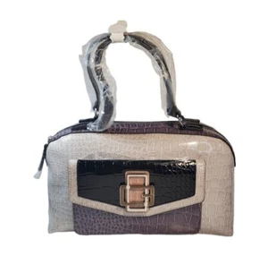GUESS Kairi Stone Croc Grain Multi Color Dome Satchel Purse Beige Purple Black - Picture 1 of 11