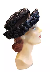 Cappello bretone blu navy vintage anni 60, tessuto paglia di cellophane - Foto 1 di 5