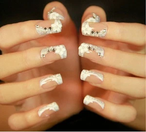 False Nails French Full Cover Wedding Bridal 3d Flower Painted Nail Set Fake - Picture 1 of 5