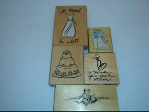 RUBBER STAMP ASSORTMENT: BRIDE & GROOM, CAKE, WEDDING RINGS, DRESS, LOT OF 5 - Picture 1 of 5