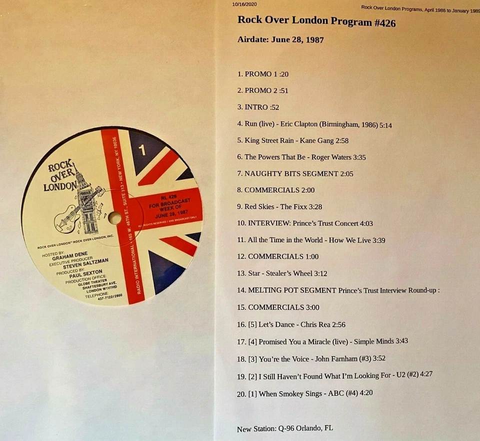 6/28/87 ROCK OVER LONDON SHOW: ERIC CLAPTON LIVE (BIRMINGHAM '86),PRINCE'S TRUST - Image 1 of 1