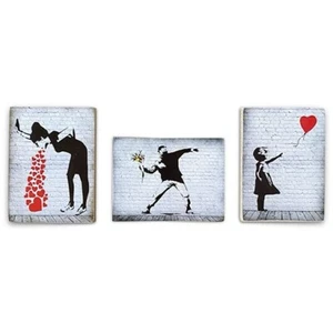 KUSTOM ART 3 Bilder Vintage Bansky Stil Holzdruck 18 x 25 cm. - Bild 1 von 2